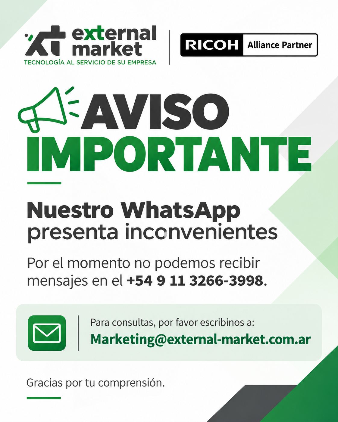 Aviso importante — WhatsApp con inconvenientes